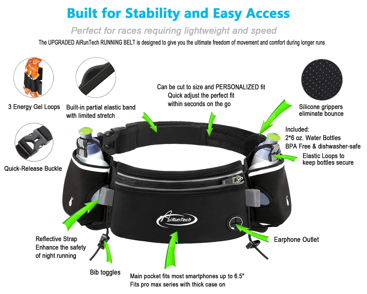 AiRunTech Running Belt with 2x 6oz Bottles & Phone Pocket | Unisex, Adjustable, No Bounce Hydration Pack - view 3