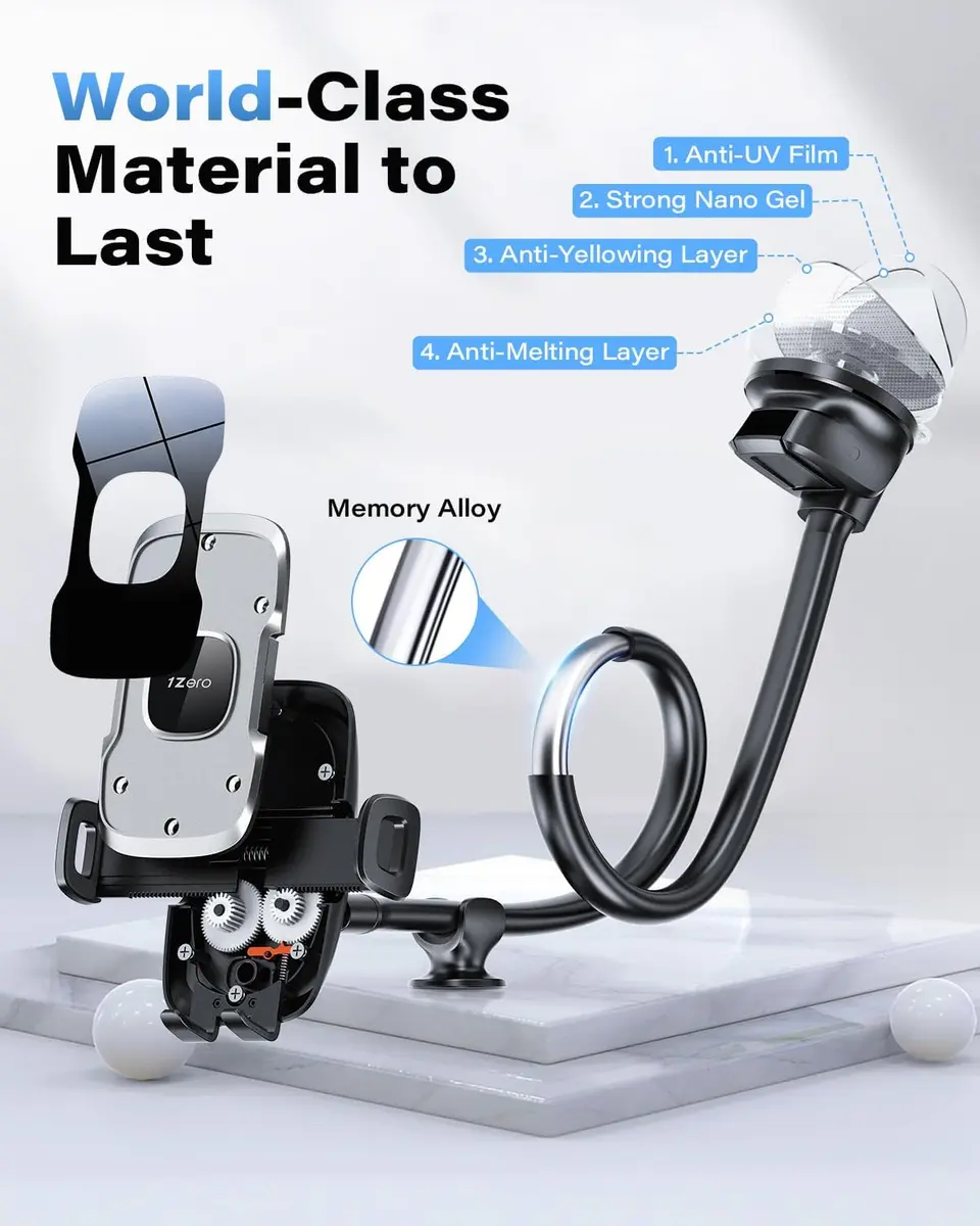1Zero Car/Truck Phone Mount with 14-Inch Aluminum Gooseneck Long Arm | 360° Rotation & Strong Suction - view 6