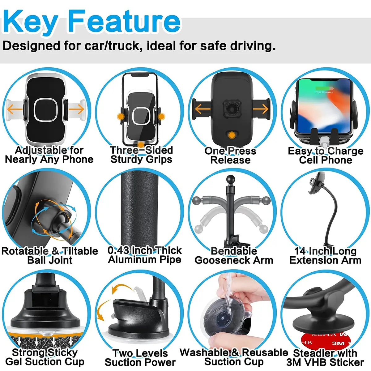 1Zero Car/Truck Phone Mount with 14-Inch Aluminum Gooseneck Long Arm | 360° Rotation & Strong Suction - view 8