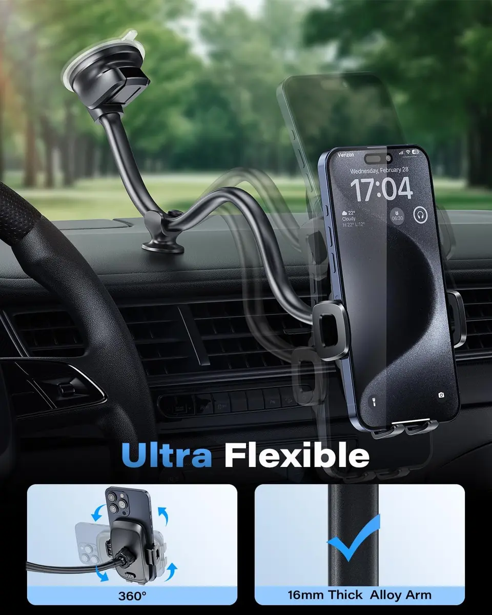 1Zero Car/Truck Phone Mount with 14-Inch Aluminum Gooseneck Long Arm | 360° Rotation & Strong Suction - view 4