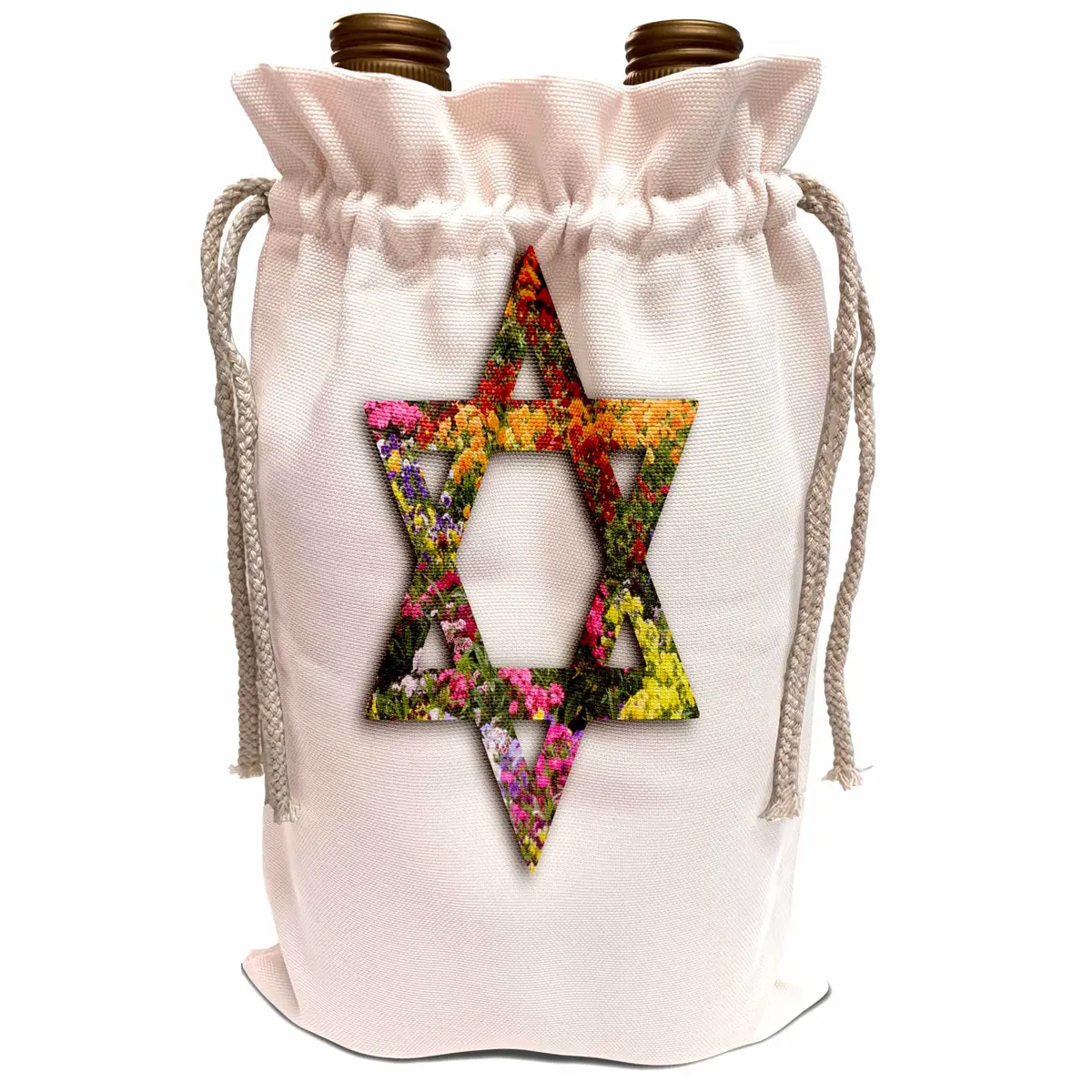 3dRose Colorful Floral Star of David Gift Wrap Bag | Multicolor Flowers, Reusable Canvas, 13.5 inch high - main product image