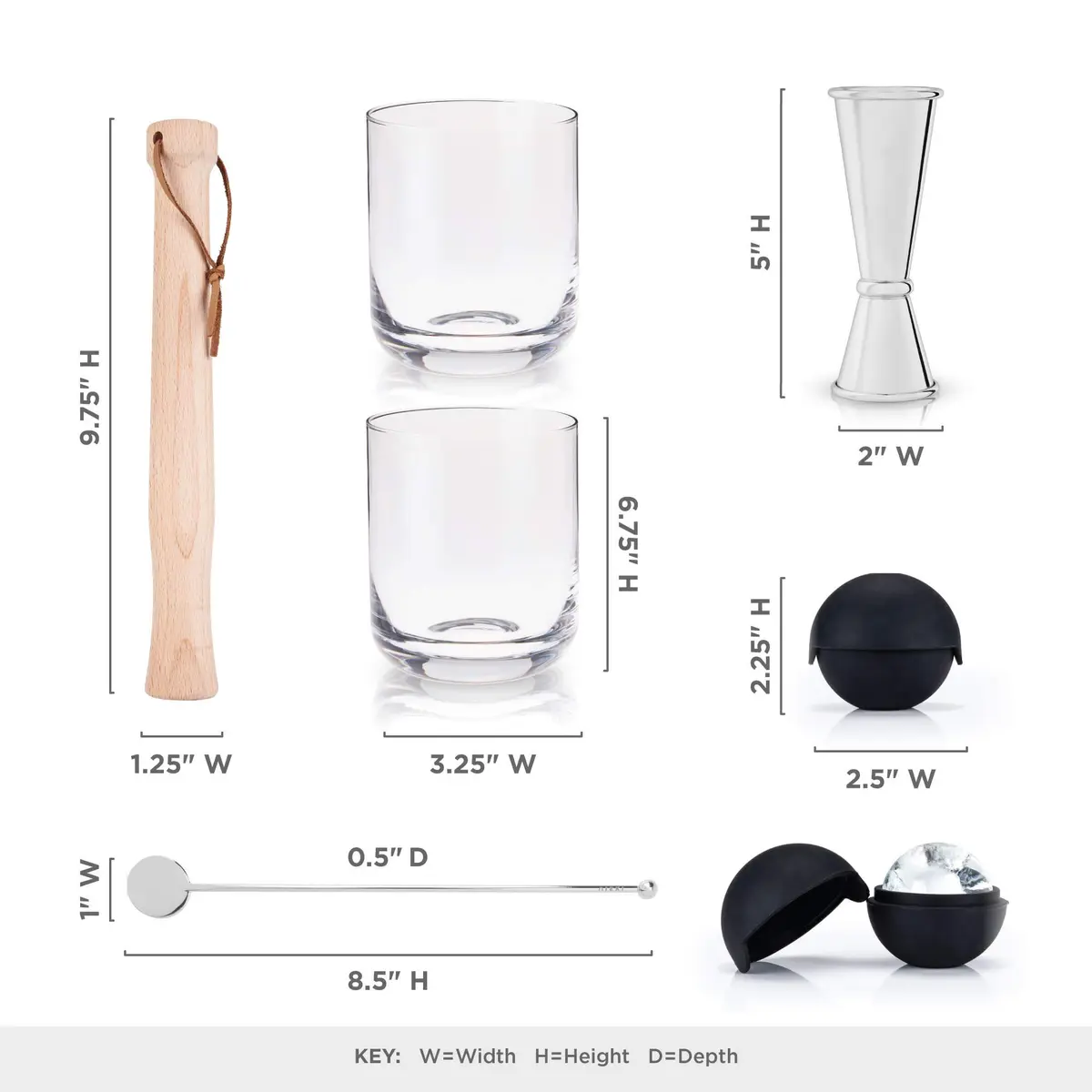 Viski 7-Piece Bartender Kit | Crystal Whiskey Glasses, Stainless Steel Jigger, Ice Molds & Muddler for Cocktails - view 2