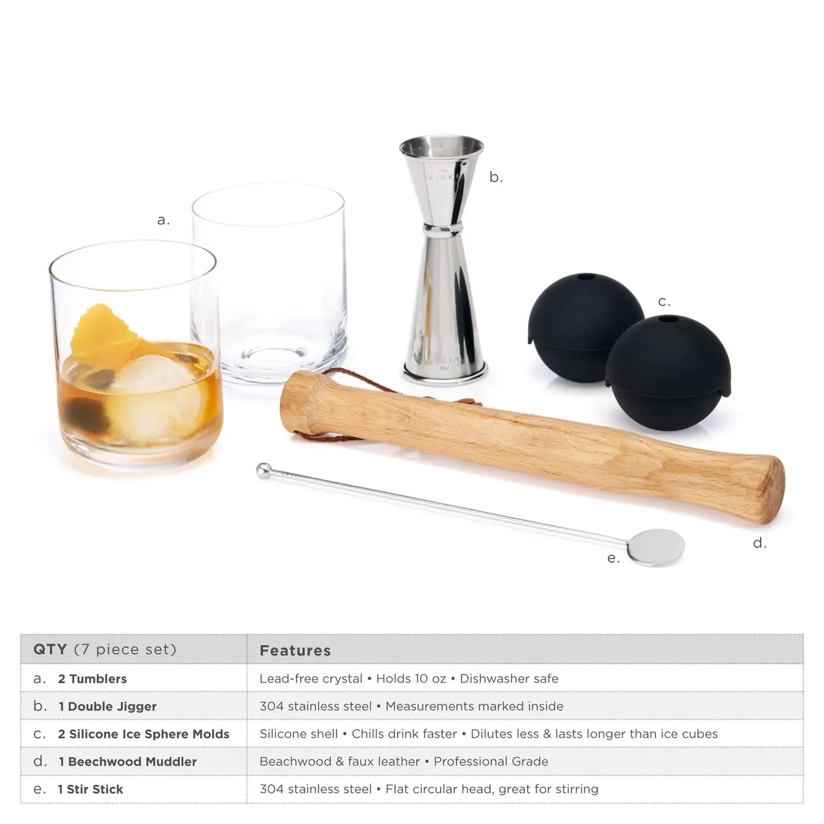Viski 7-Piece Bartender Kit | Crystal Whiskey Glasses, Stainless Steel Jigger, Ice Molds & Muddler for Cocktails - view 3