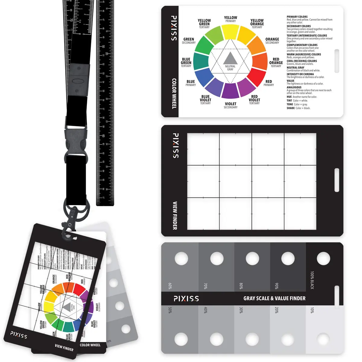 Pixiss Art Craft Kit | Artist Tools on Lanyard, Greyscale, Color Wheel, View Catcher (5x3") - main product image