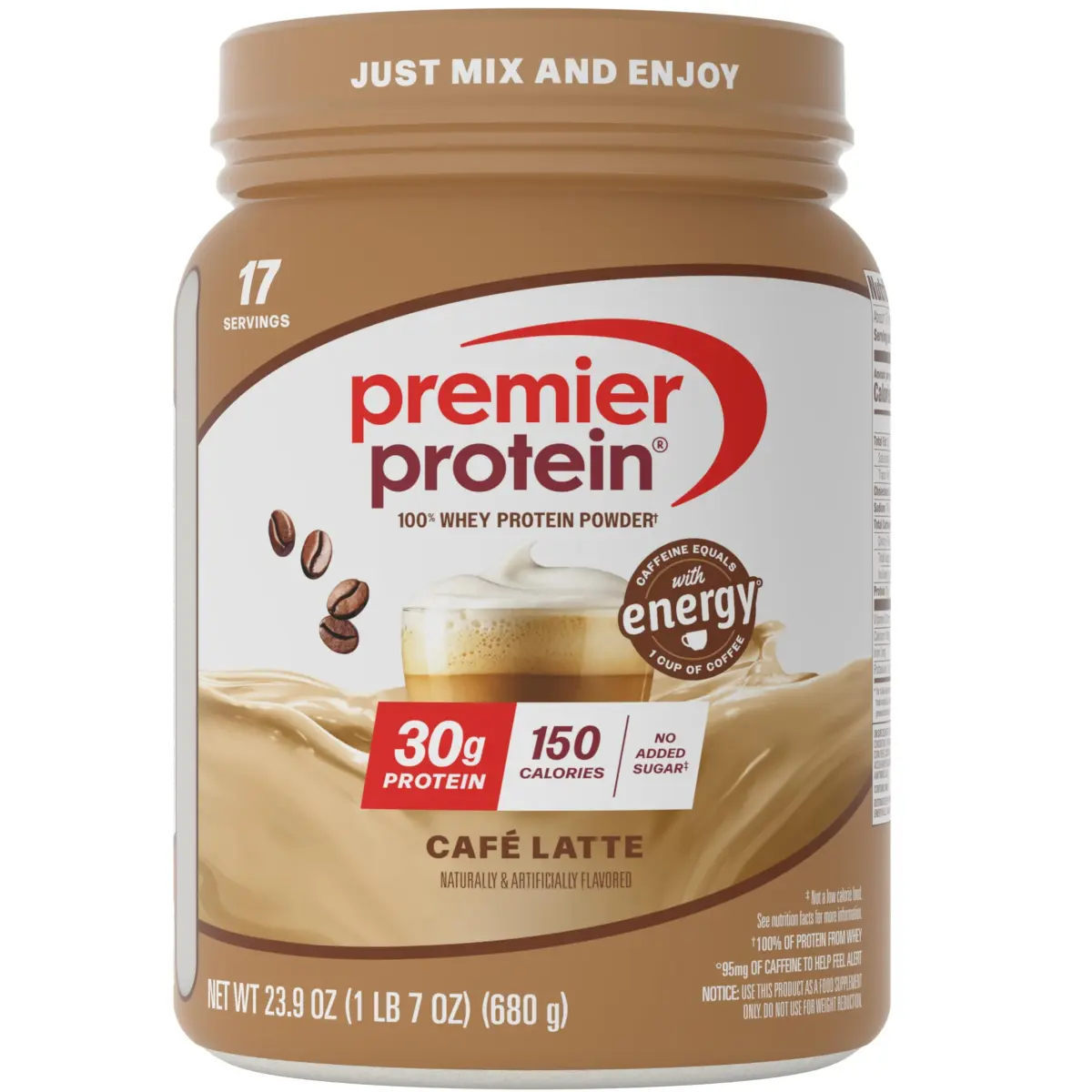 Premier Protein 30g High Protein Powder, 100% Whey, Café Latte, 1.49 lb (675g) | 30g Protein Per Serving with Caffeine - main product image