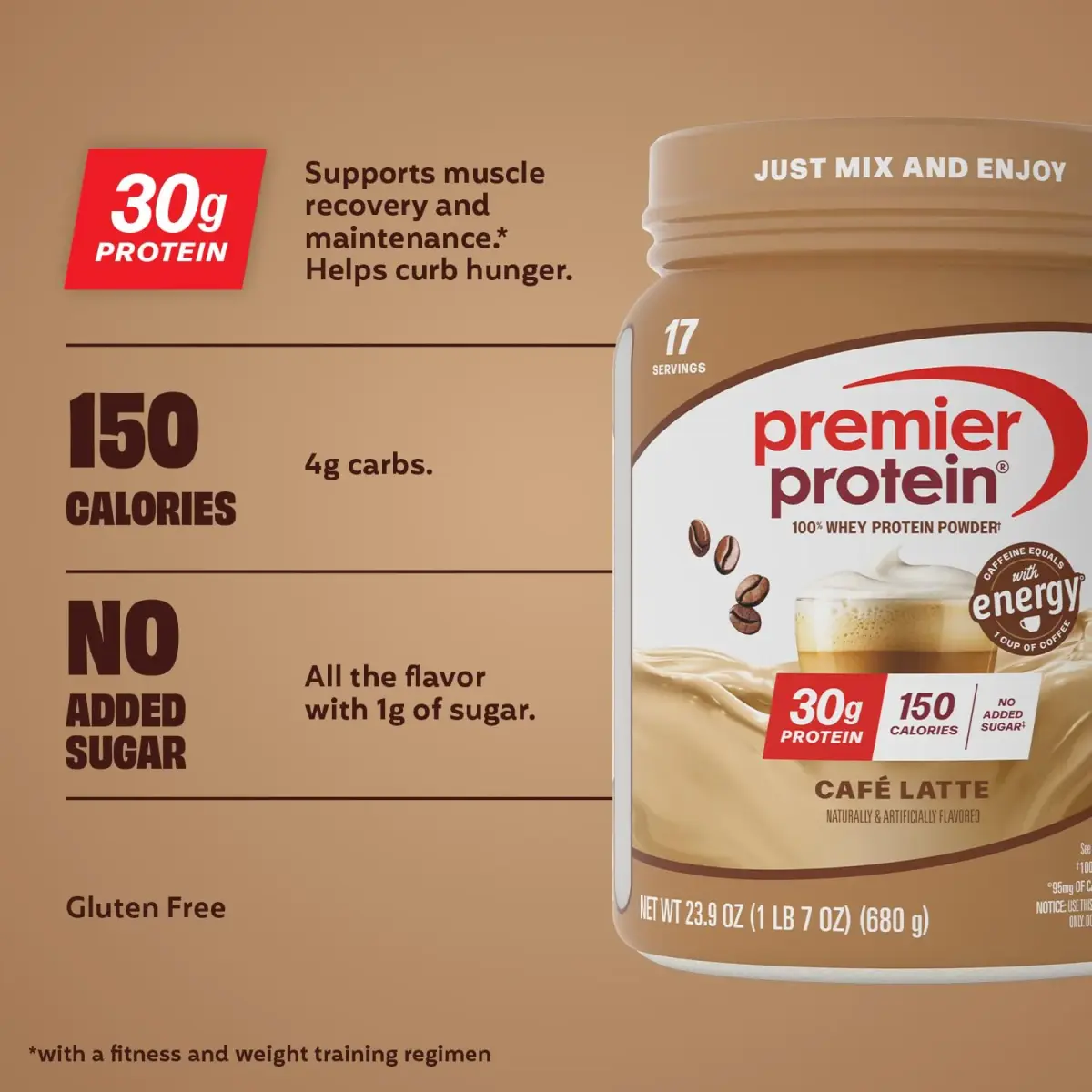 Premier Protein 30g High Protein Powder, 100% Whey, Café Latte, 1.49 lb (675g) | 30g Protein Per Serving with Caffeine - view 2