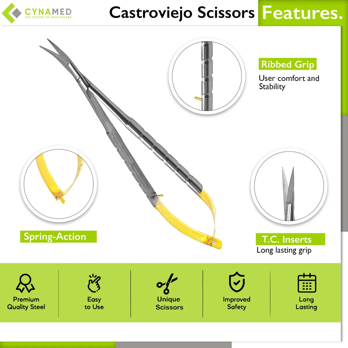 Cynamed TC Castroviejo Micro Scissor with Tungsten Carbide Inserts and Gold Ends - Premium Grade Instrument 13.97 cm (5.5 in.) Curved Blades - view 2