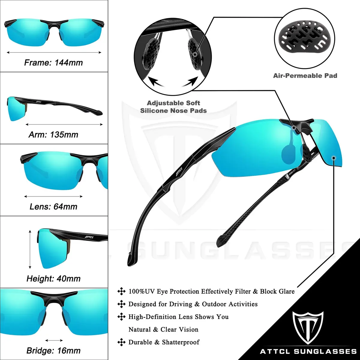 ATTCL Polarized UV Protection Sports Fishing Driving Sunglasses for Men Al-Mg Metal Frame Ultra Light 8585 Blue | Wrap Around Design - view 5