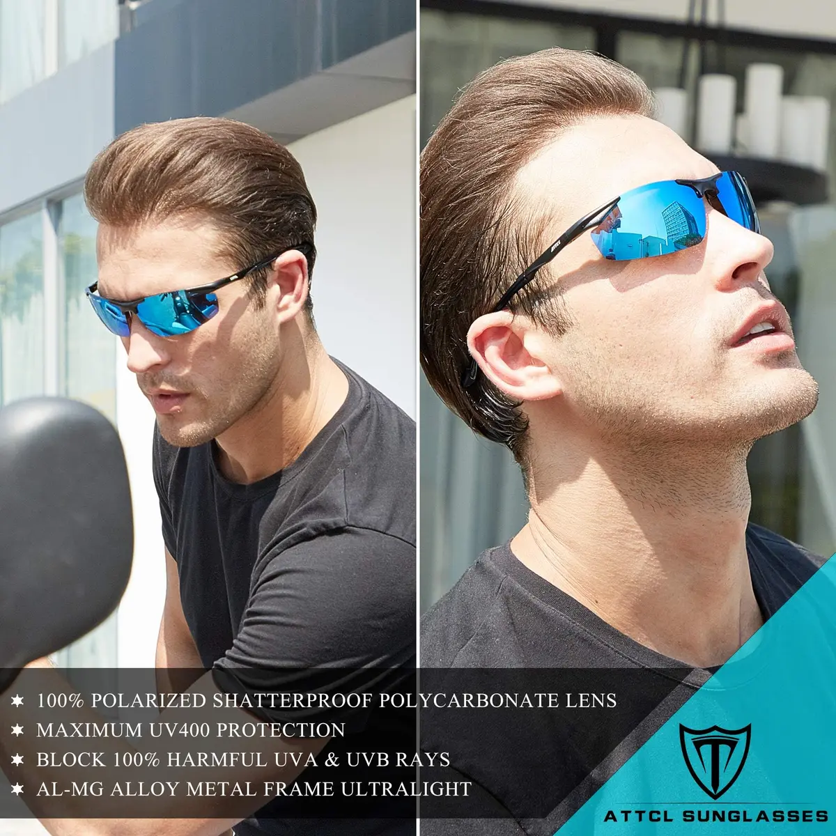 ATTCL Polarized UV Protection Sports Fishing Driving Sunglasses for Men Al-Mg Metal Frame Ultra Light 8585 Blue | Wrap Around Design - view 2