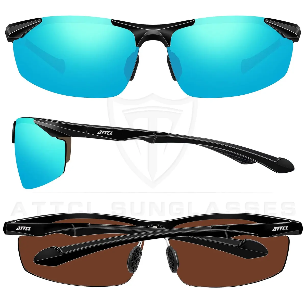 ATTCL Polarized UV Protection Sports Fishing Driving Sunglasses for Men Al-Mg Metal Frame Ultra Light 8585 Blue | Wrap Around Design - view 3
