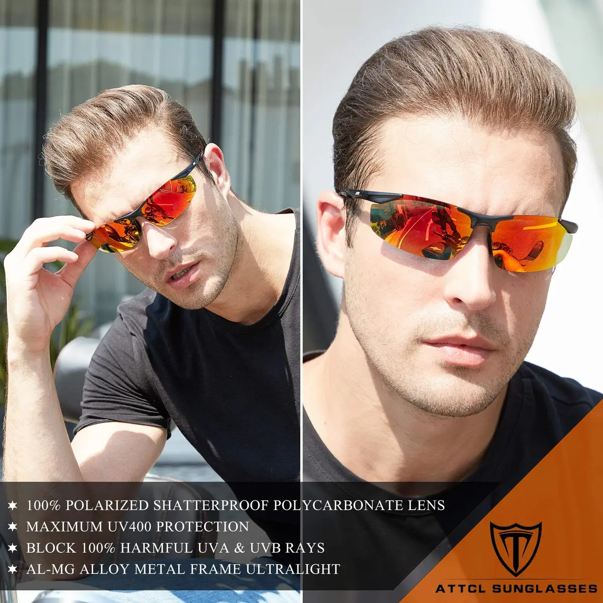 ATTCL Polarized UV Protection Sports Sunglasses for Men, Red/Mirrored Lens (64mm Lens Width) | Wrap-Around Design for Cycling & Driving - view 2