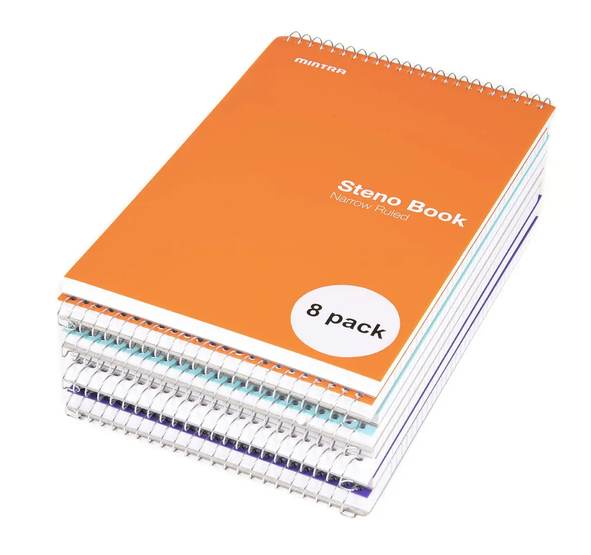 Mintra Office Steno Book - (BRIGHTS - Purp/Wht/Teal/Orange) - Poly Cover, 6in x 9in, 100 sheets, Narrow Ruled for Writing Notes for school, office, work, 6x9 steno notepad, top bound spiral notebook (8 PACK) - view 4