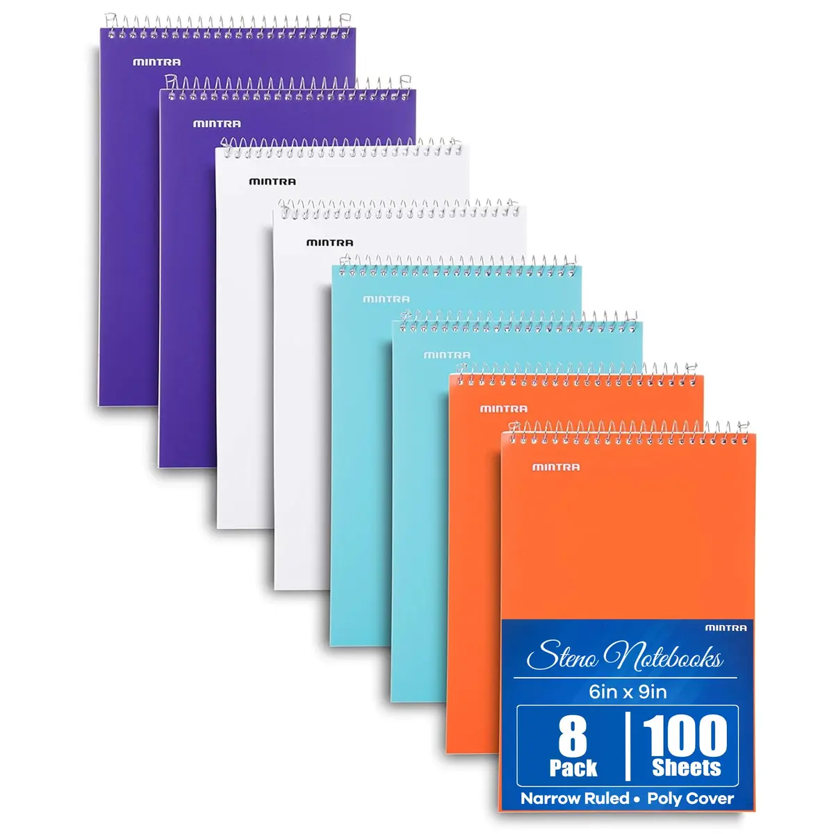 Mintra Office Steno Book - (BRIGHTS - Purp/Wht/Teal/Orange) - Poly Cover, 6in x 9in, 100 sheets, Narrow Ruled for Writing Notes for school, office, work, 6x9 steno notepad, top bound spiral notebook (8 PACK) - main product image
