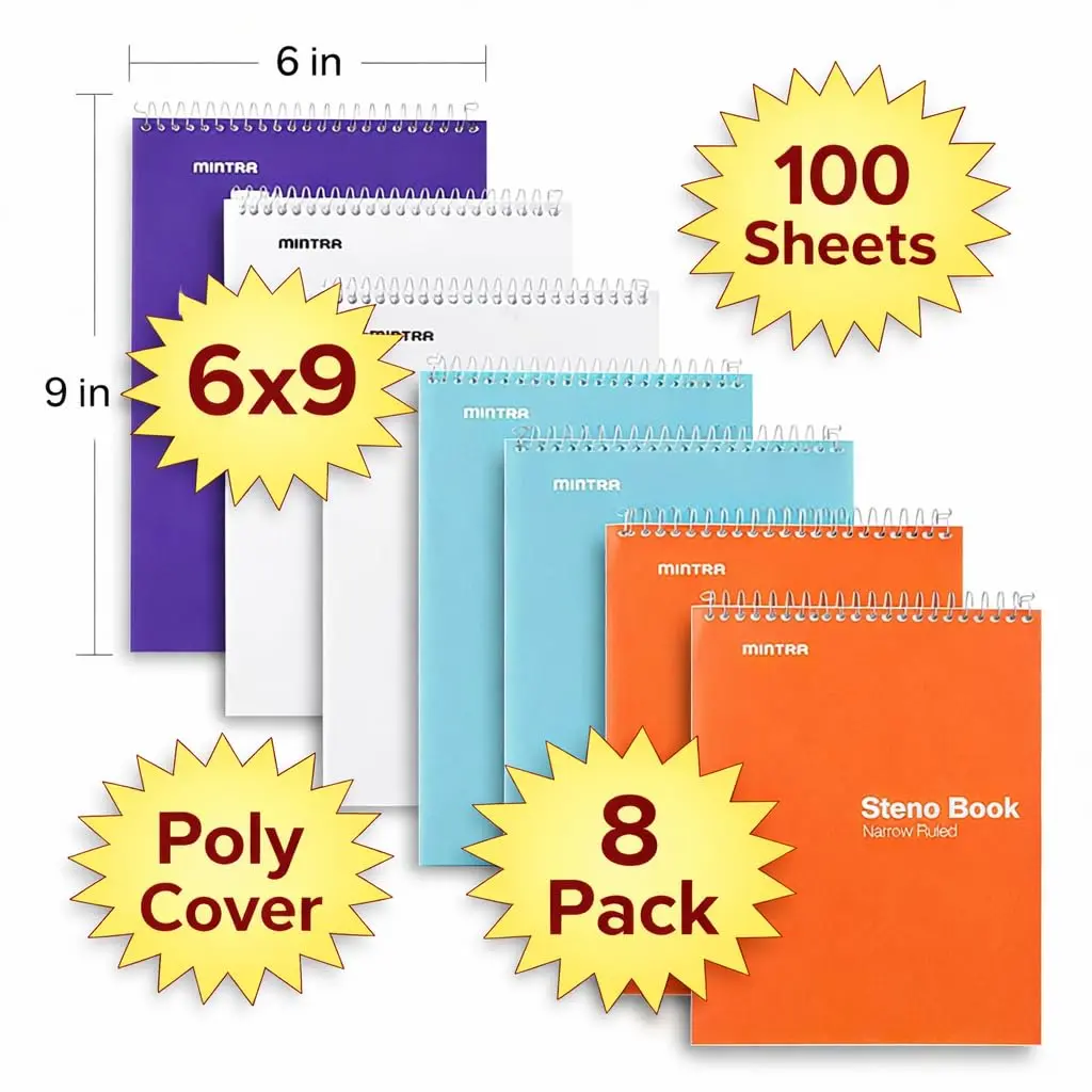 Mintra Office Steno Book - (BRIGHTS - Purp/Wht/Teal/Orange) - Poly Cover, 6in x 9in, 100 sheets, Narrow Ruled for Writing Notes for school, office, work, 6x9 steno notepad, top bound spiral notebook (8 PACK) - view 3