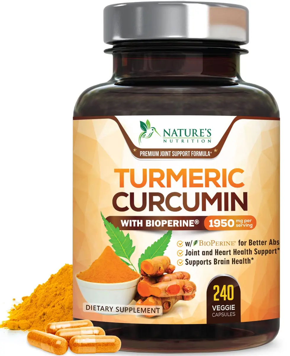 Nature's Nutrition Turmeric Curcumin 1950mg Capsules | 240 Count Herbal Supplement with Organic Turmeric & BioPerine for Joint Support - main product image