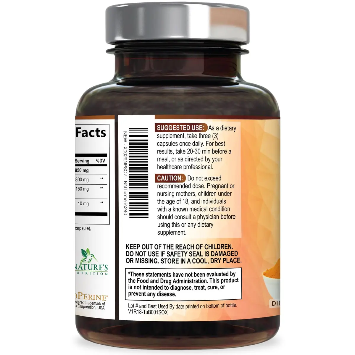 Nature's Nutrition Turmeric Curcumin 1950mg Capsules | 240 Count Herbal Supplement with Organic Turmeric & BioPerine for Joint Support - view 8