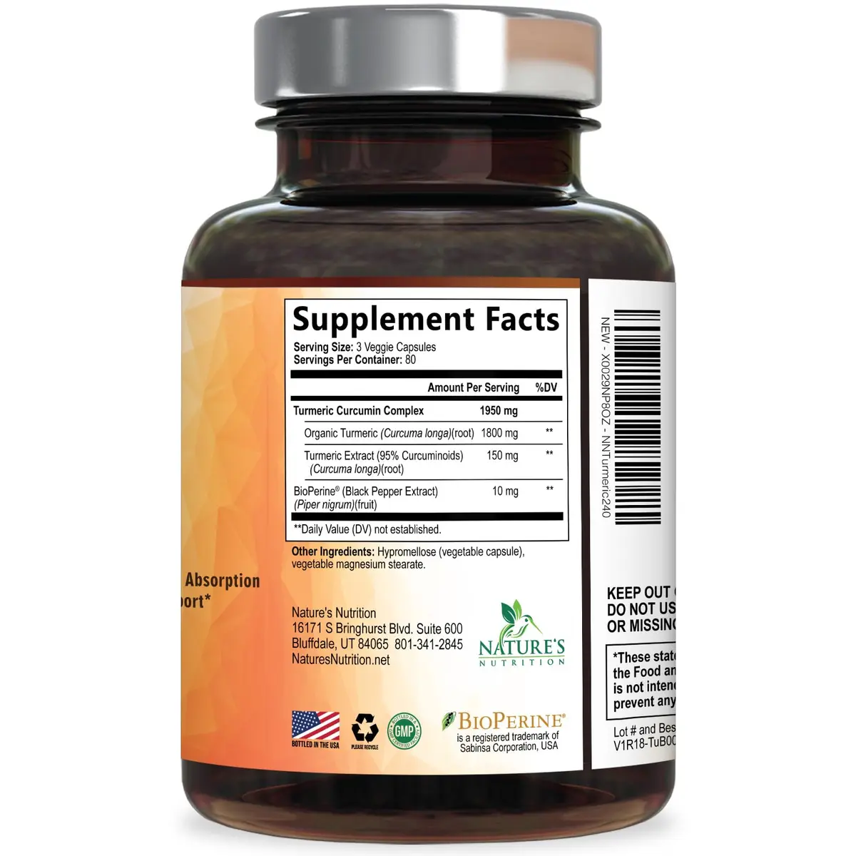 Nature's Nutrition Turmeric Curcumin 1950mg Capsules | 240 Count Herbal Supplement with Organic Turmeric & BioPerine for Joint Support - view 9