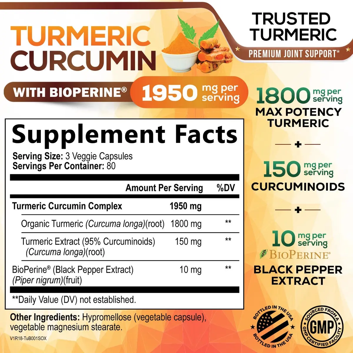 Nature's Nutrition Turmeric Curcumin 1950mg Capsules | 240 Count Herbal Supplement with Organic Turmeric & BioPerine for Joint Support - view 2