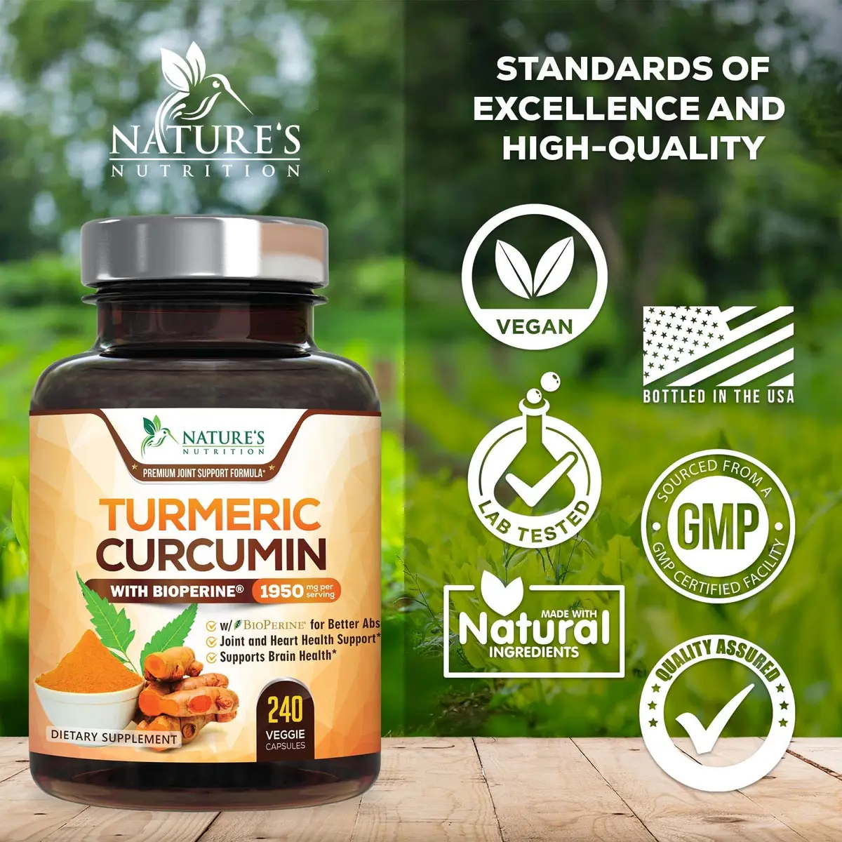 Nature's Nutrition Turmeric Curcumin 1950mg Capsules | 240 Count Herbal Supplement with Organic Turmeric & BioPerine for Joint Support - view 4