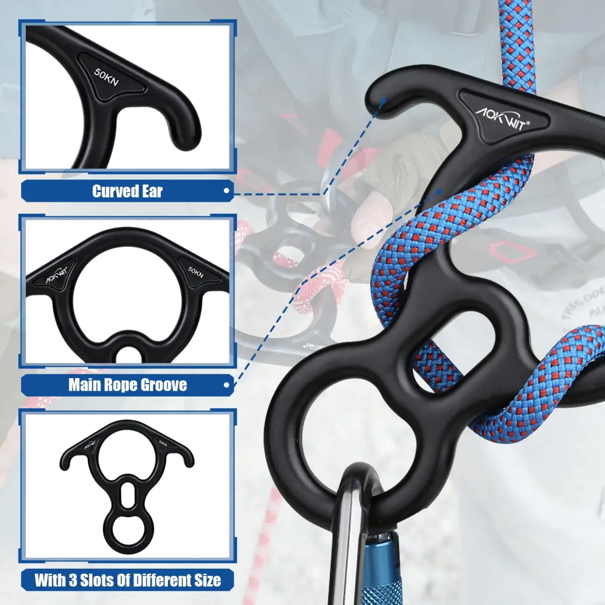 AOKWIT 50KN Rescue Figure 8 Descender 282g (9.9 oz) | Bent-Ear Belay Device for Climbing & Rescue - view 5
