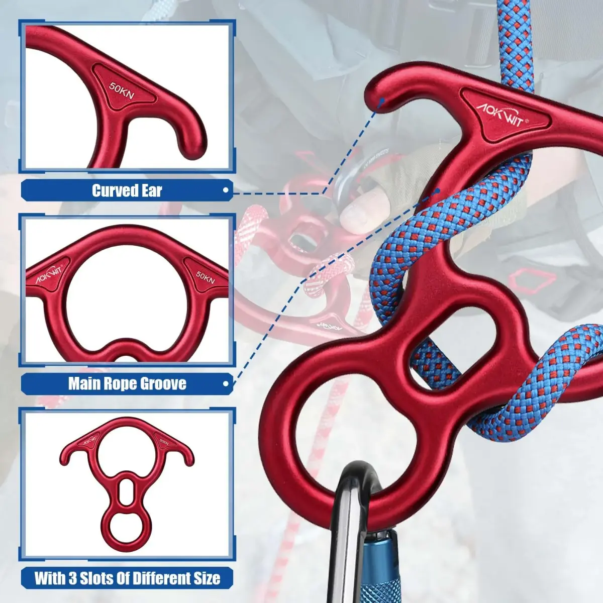 AOKWIT 50KN Rescue Figure 8 Descender 282g (9.9 oz) | Bent-Ear Belay Device for Rock Climbing & Rescue - view 5