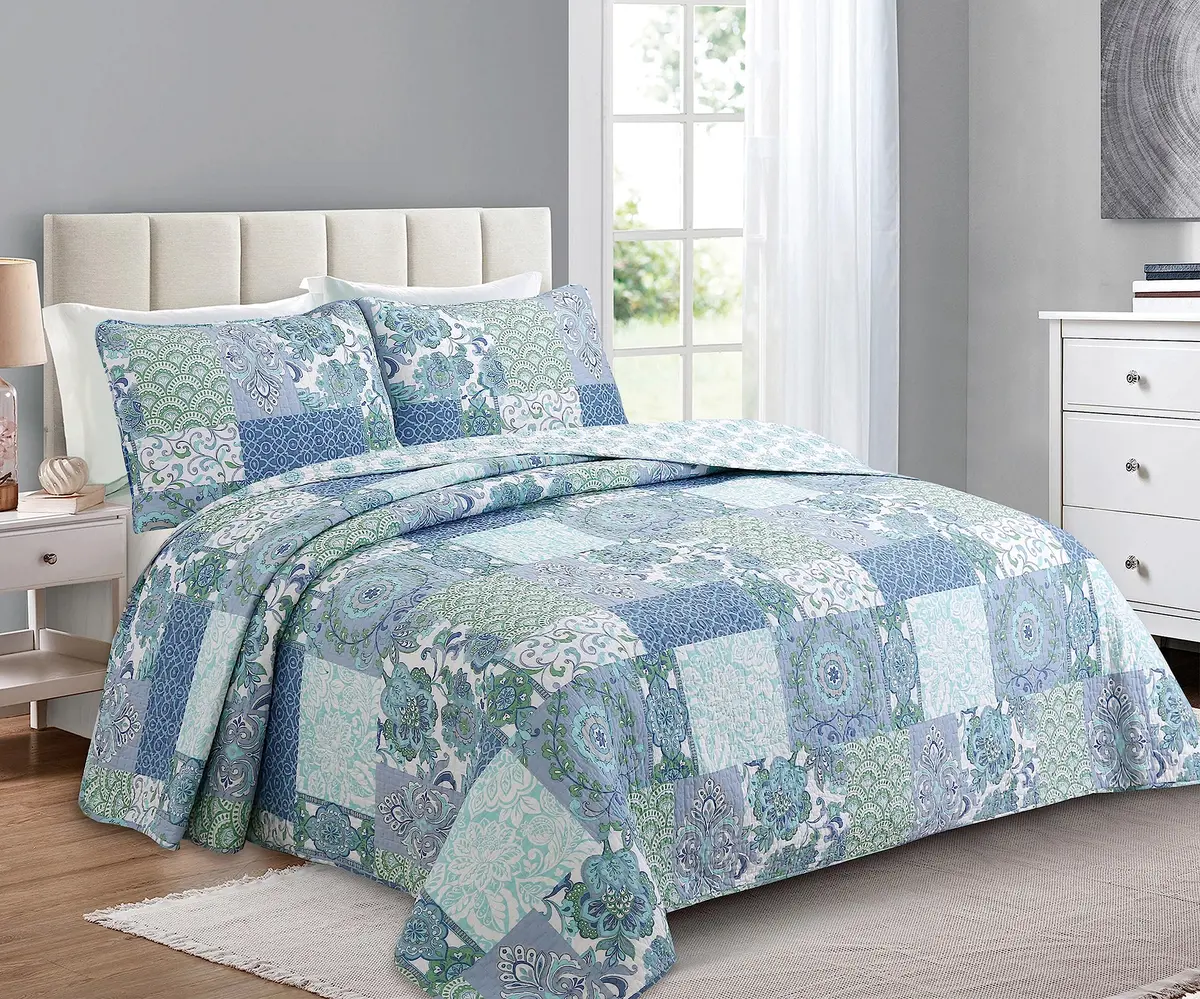 Cozy Line Home Fashions Blue Fleur-de-lis Quilt Set | Reversible 100% Cotton Bedspread Queen - main product image