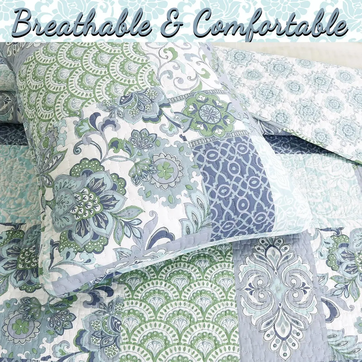 Cozy Line Home Fashions Blue Fleur-de-lis Quilt Set | Reversible 100% Cotton Bedspread Queen - view 5