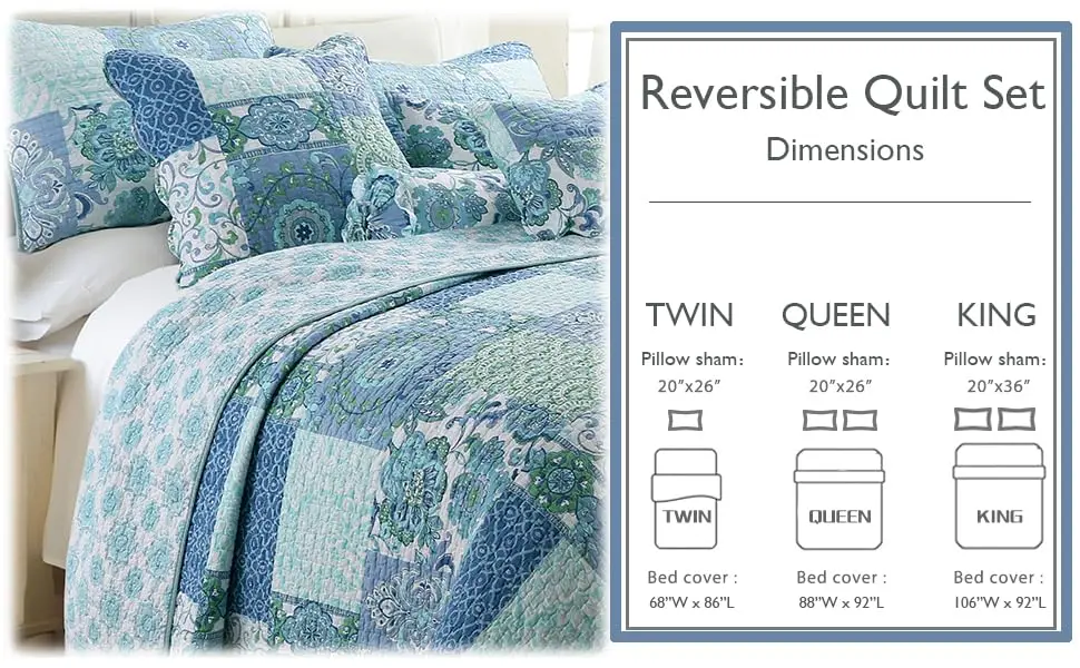 Cozy Line Home Fashions Blue Fleur-de-lis Quilt Set | Reversible 100% Cotton Bedspread Queen - view 6