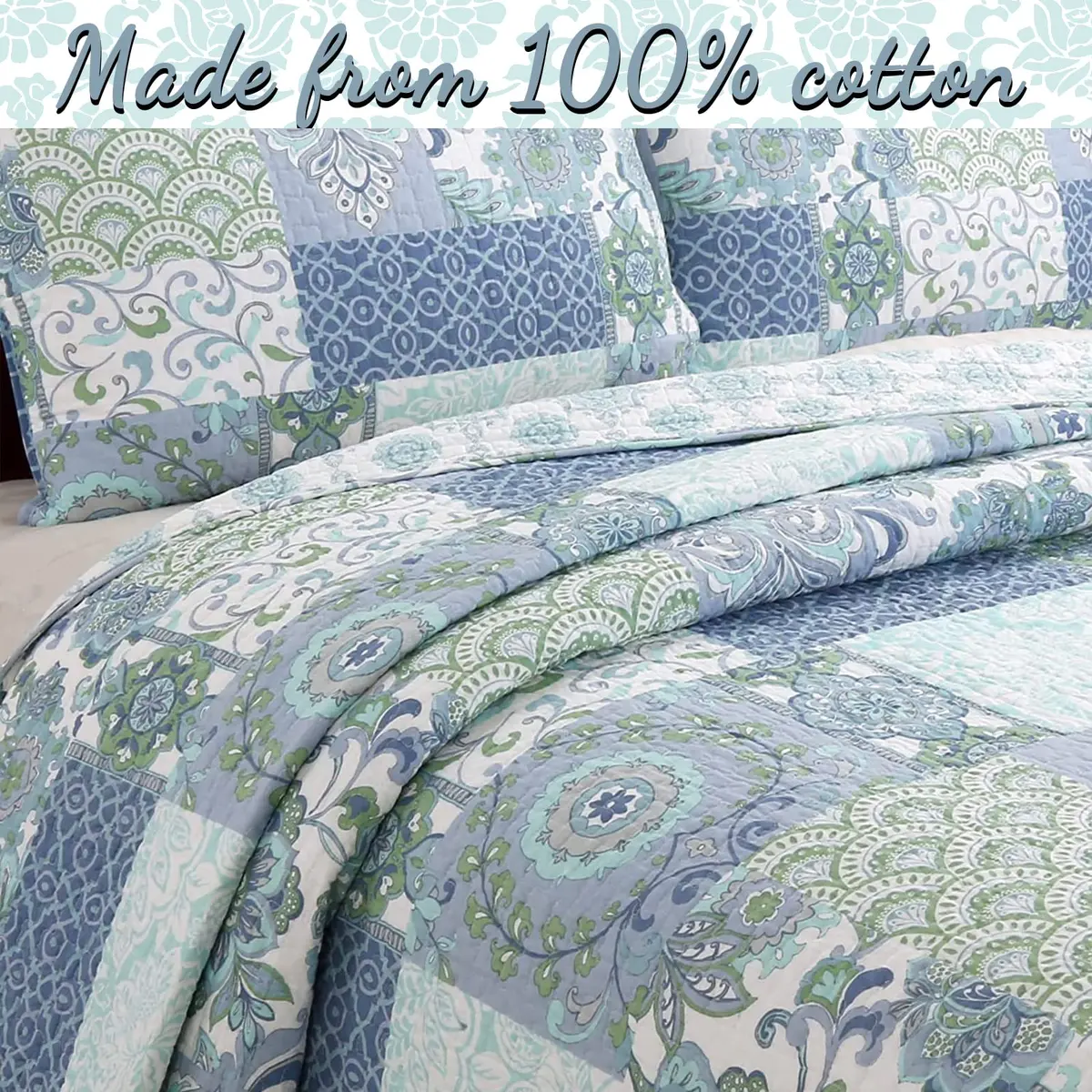 Cozy Line Home Fashions Blue Fleur-de-lis Quilt Set | Reversible 100% Cotton Bedspread Queen - view 2