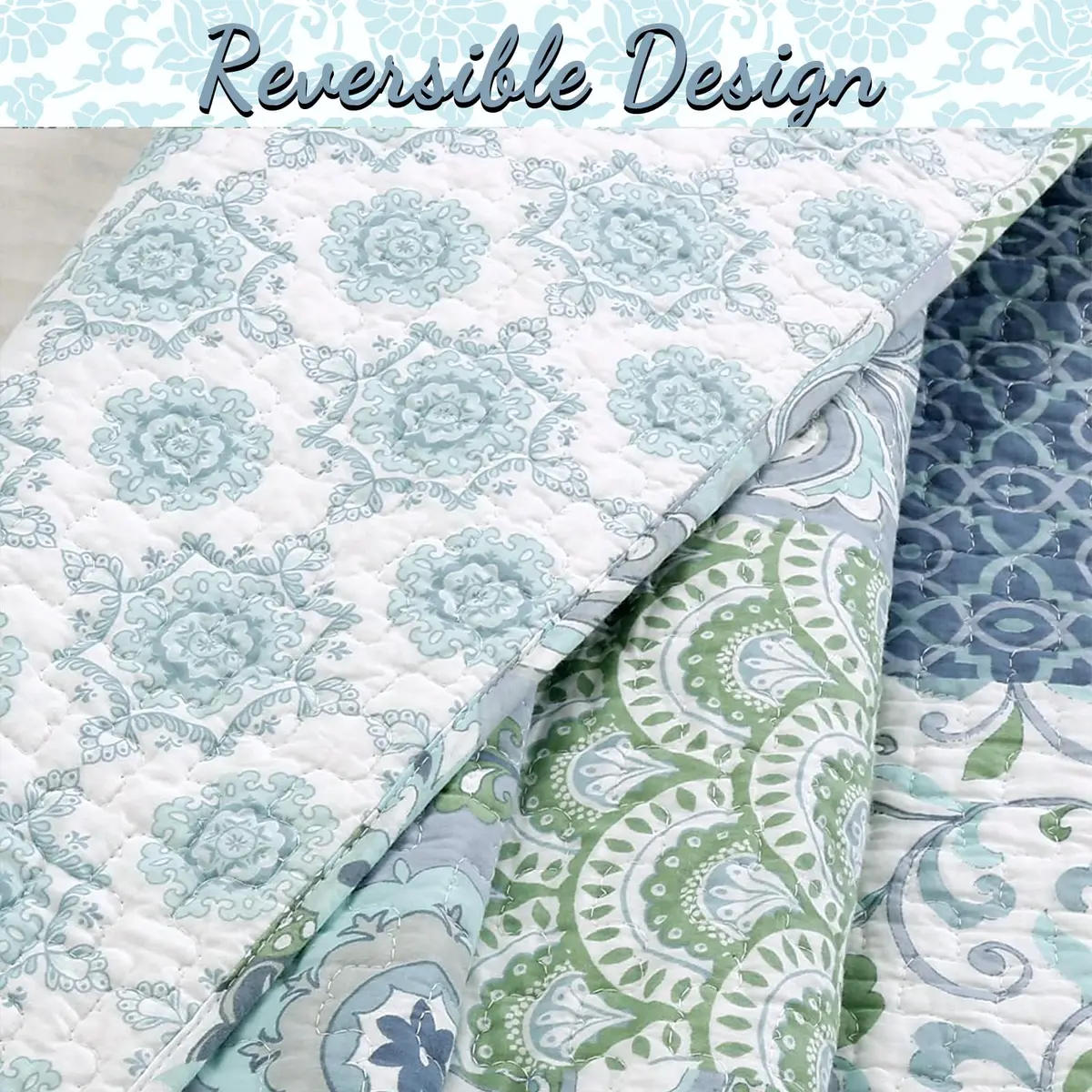 Cozy Line Home Fashions Blue Fleur-de-lis Quilt Set | Reversible 100% Cotton Bedspread Queen - view 4