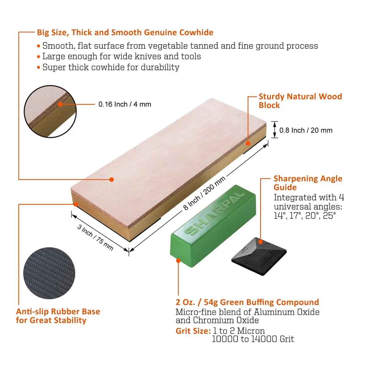 SHARPAL 204N Leather Strop 8" x 3" (20.32cm x 7.62cm) Kit | Genuine Cowhide for Razor Sharp Edges - view 2