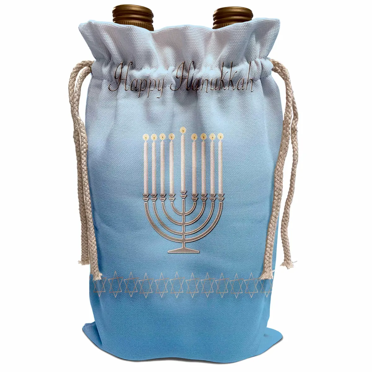 3dRose Happy Hanukkah Stars of David Menorah Wine Bag | Eco-Friendly Gift Wrap - main product image