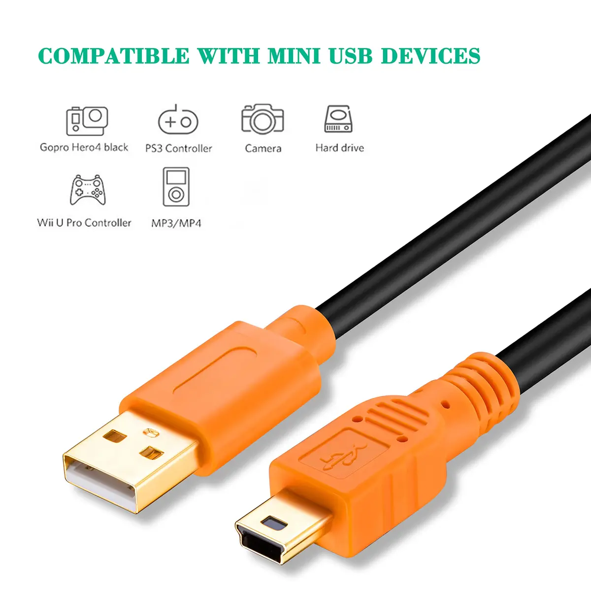 Tan QY Mini USB Cable 25Ft (7.62m) Orange | USB 2.0 Type A to Mini B Male Cord for GoPro, Cameras, Phones - view 7