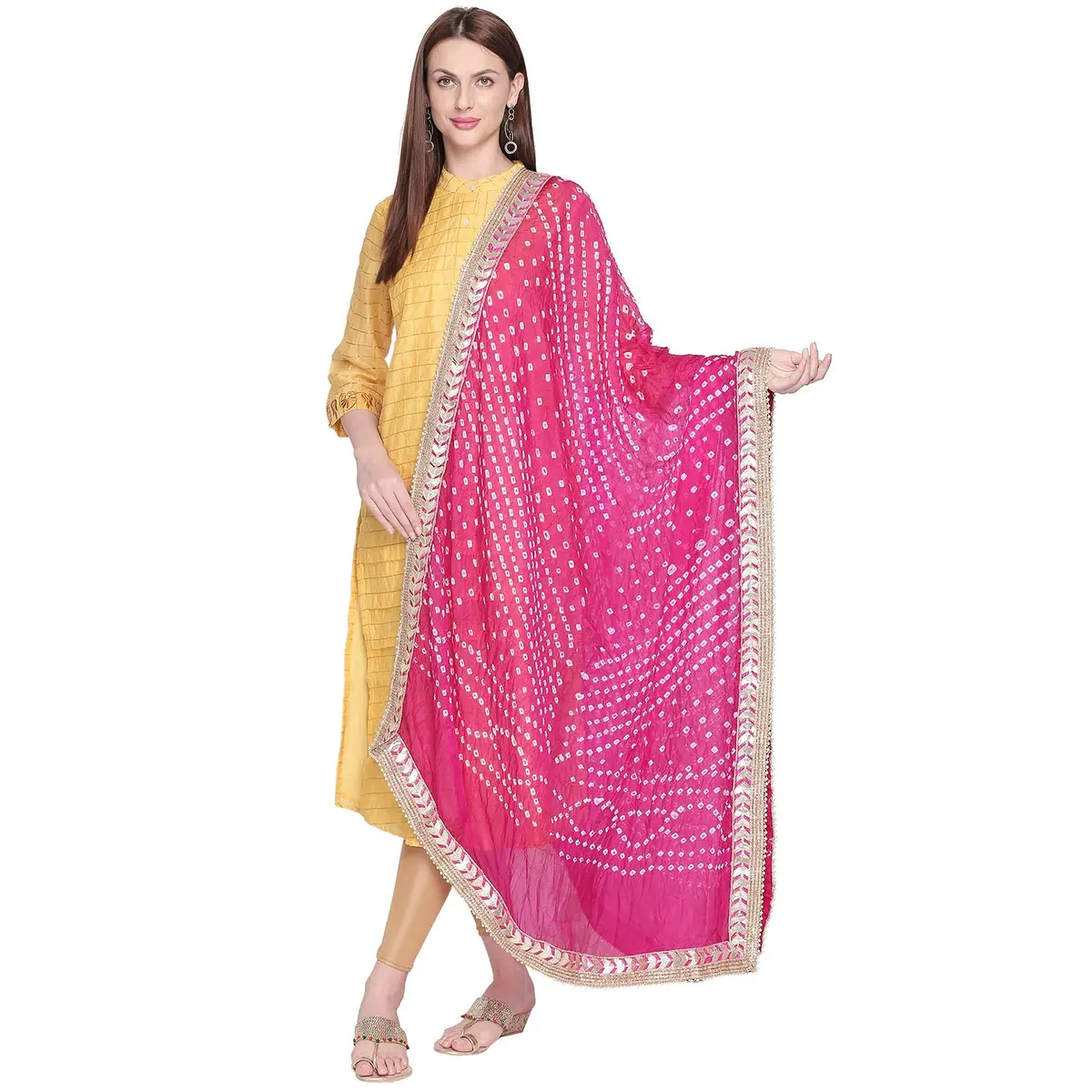 DUPATTA BAZAAR Pink Bandhini Silk Dupatta 218cm (86in) | Traditional Indian Weave with Gotta Patti Border - main product image