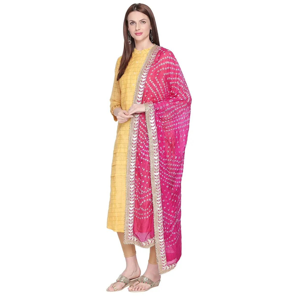 DUPATTA BAZAAR Pink Bandhini Silk Dupatta 218cm (86in) | Traditional Indian Weave with Gotta Patti Border - view 2
