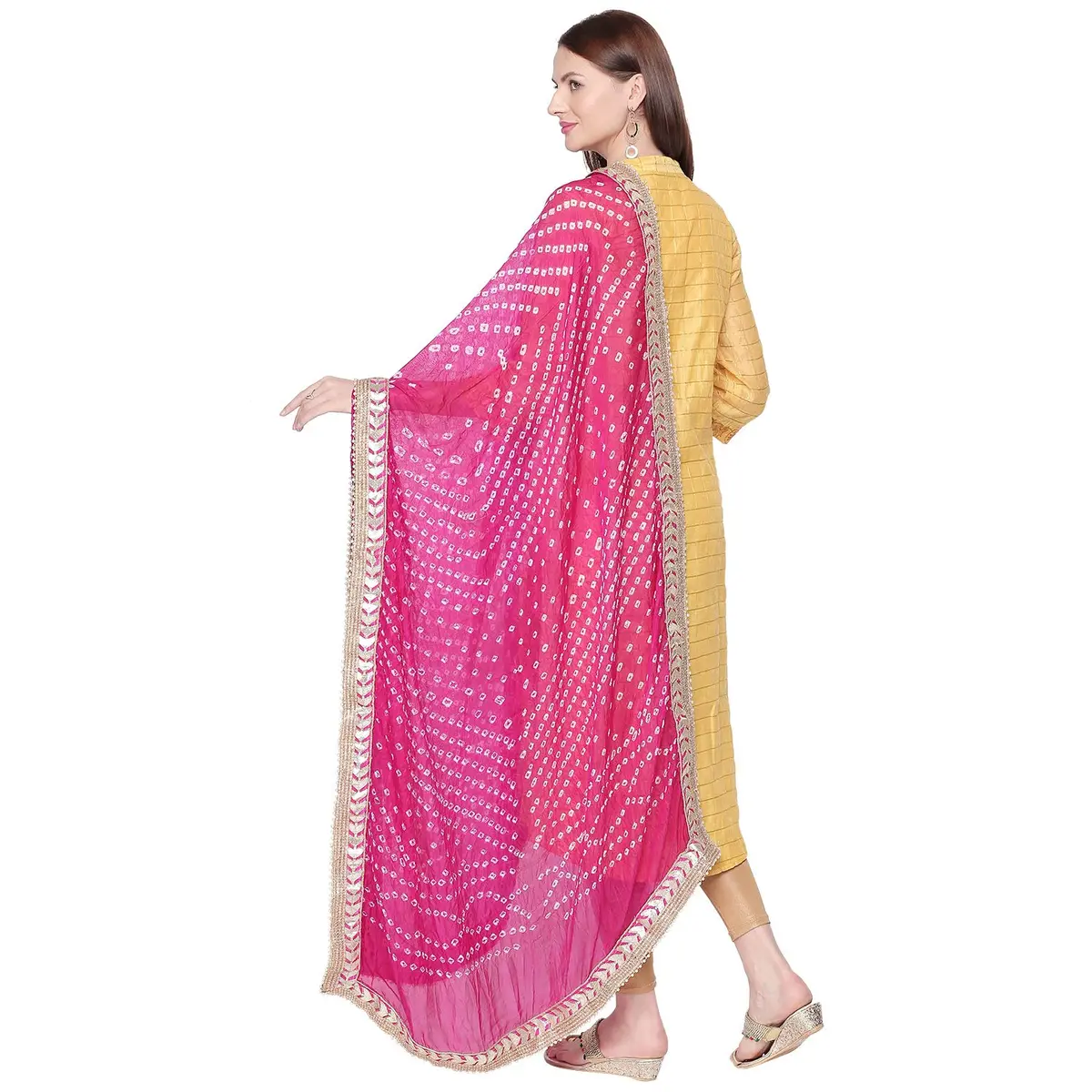 DUPATTA BAZAAR Pink Bandhini Silk Dupatta 218cm (86in) | Traditional Indian Weave with Gotta Patti Border - view 3