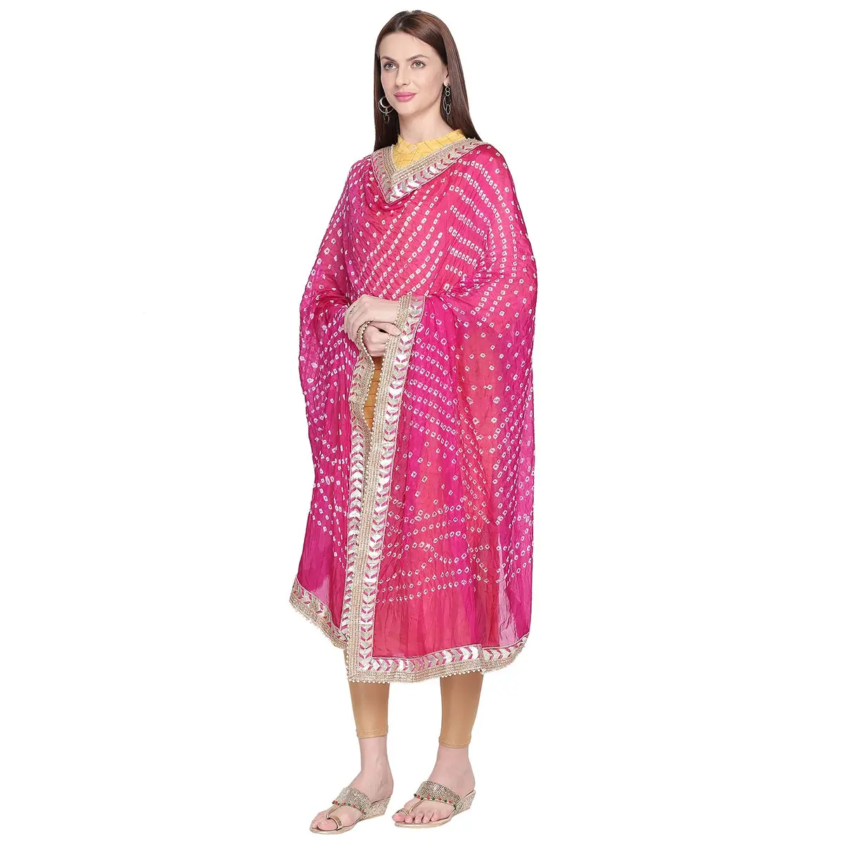 DUPATTA BAZAAR Pink Bandhini Silk Dupatta 218cm (86in) | Traditional Indian Weave with Gotta Patti Border - view 4
