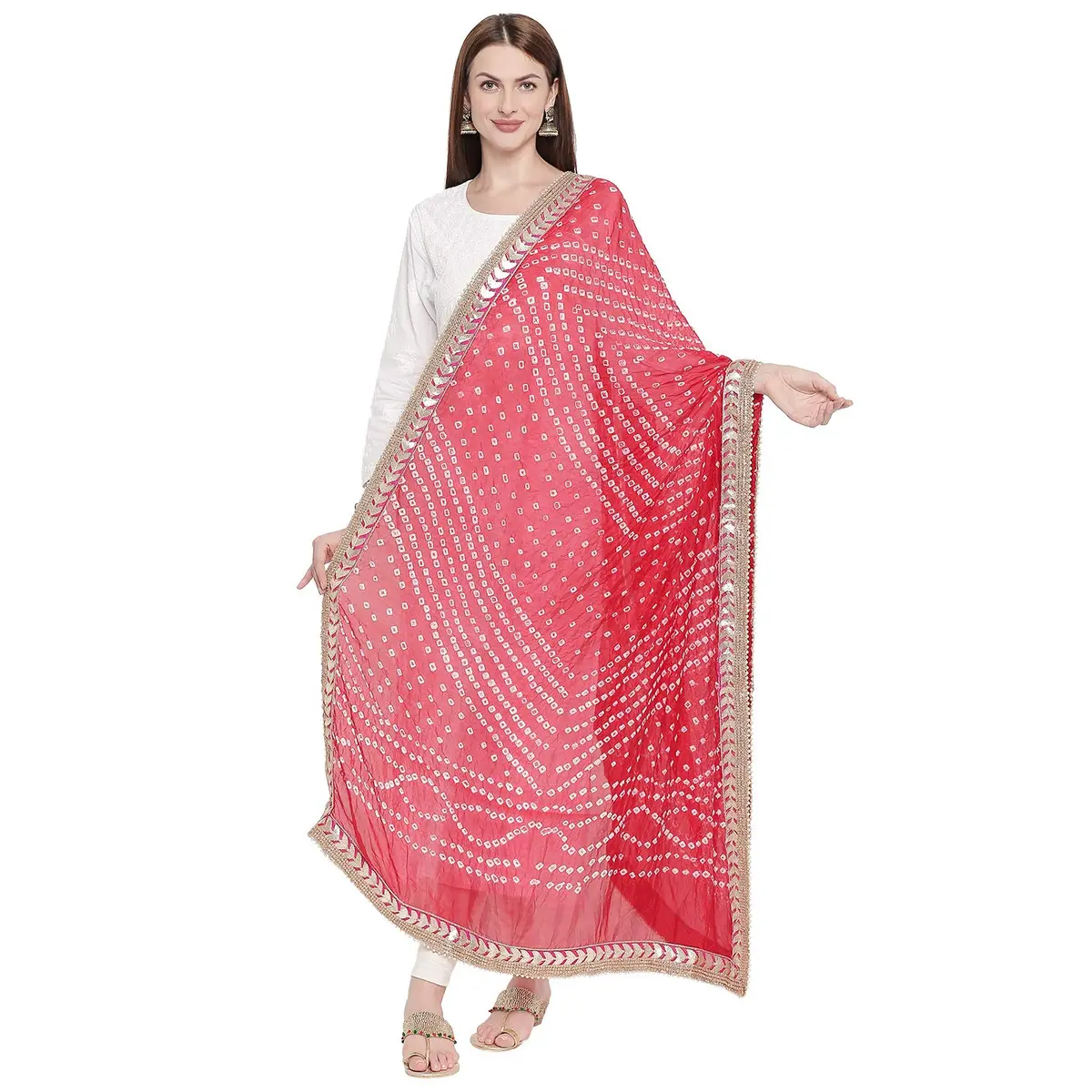 DUPATTA BAZAAR Red Bandhini Silk Dupatta with Gotta Patti Border 240cm (86") x 90cm (38") - main product image