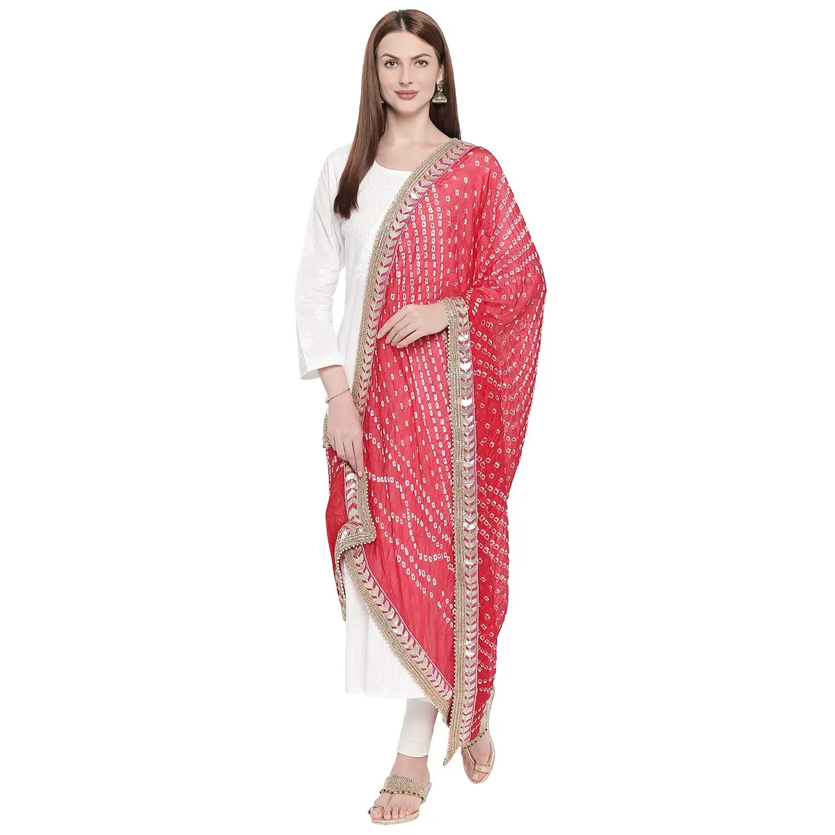 DUPATTA BAZAAR Red Bandhini Silk Dupatta with Gotta Patti Border 240cm (86") x 90cm (38") - view 2