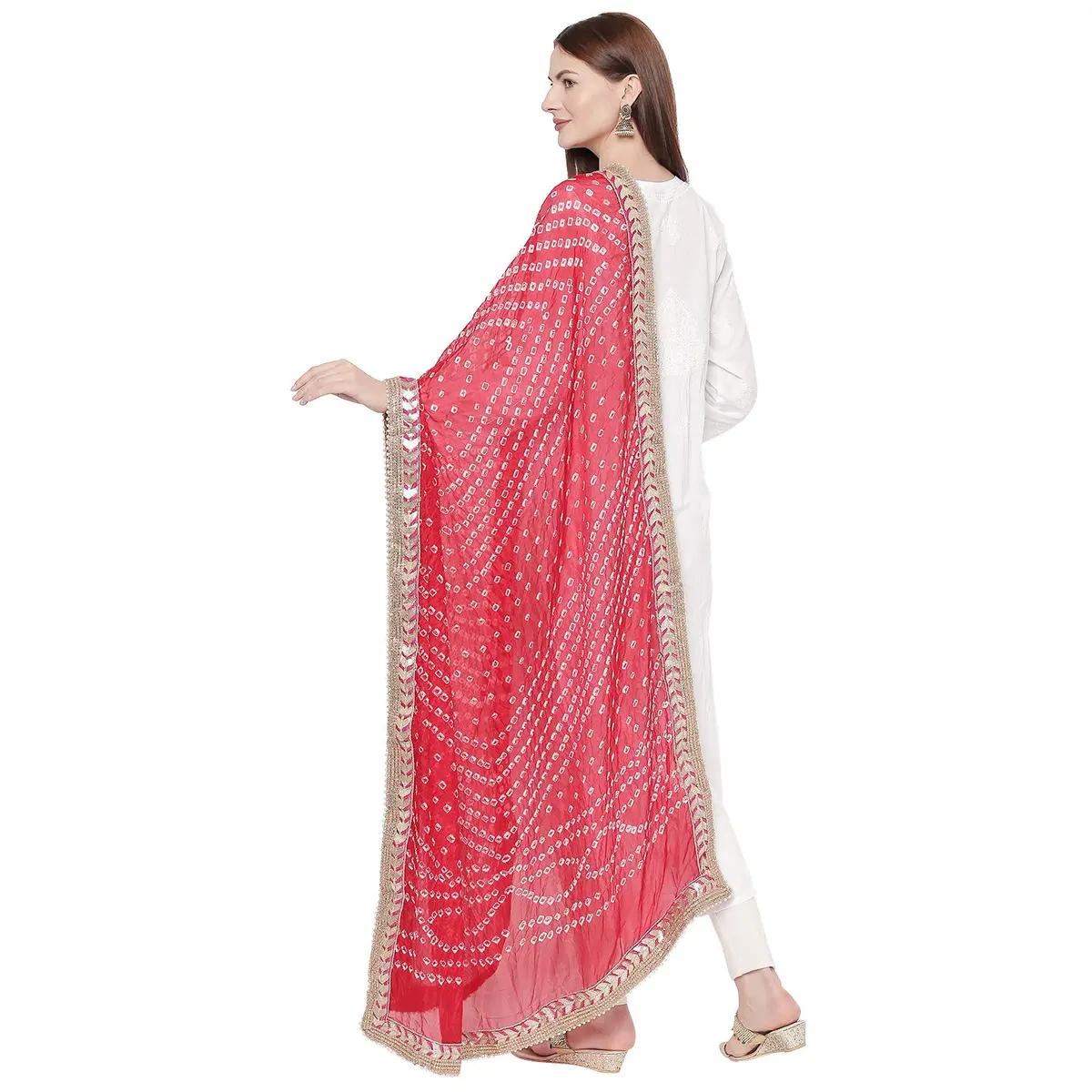 DUPATTA BAZAAR Red Bandhini Silk Dupatta with Gotta Patti Border 240cm (86") x 90cm (38") - view 3