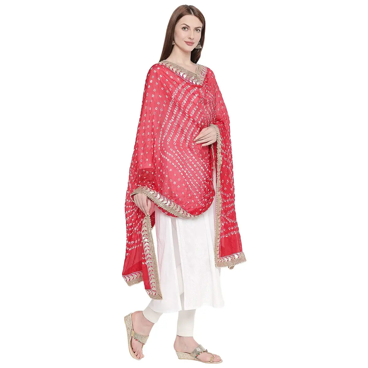 DUPATTA BAZAAR Red Bandhini Silk Dupatta with Gotta Patti Border 240cm (86") x 90cm (38") - view 4