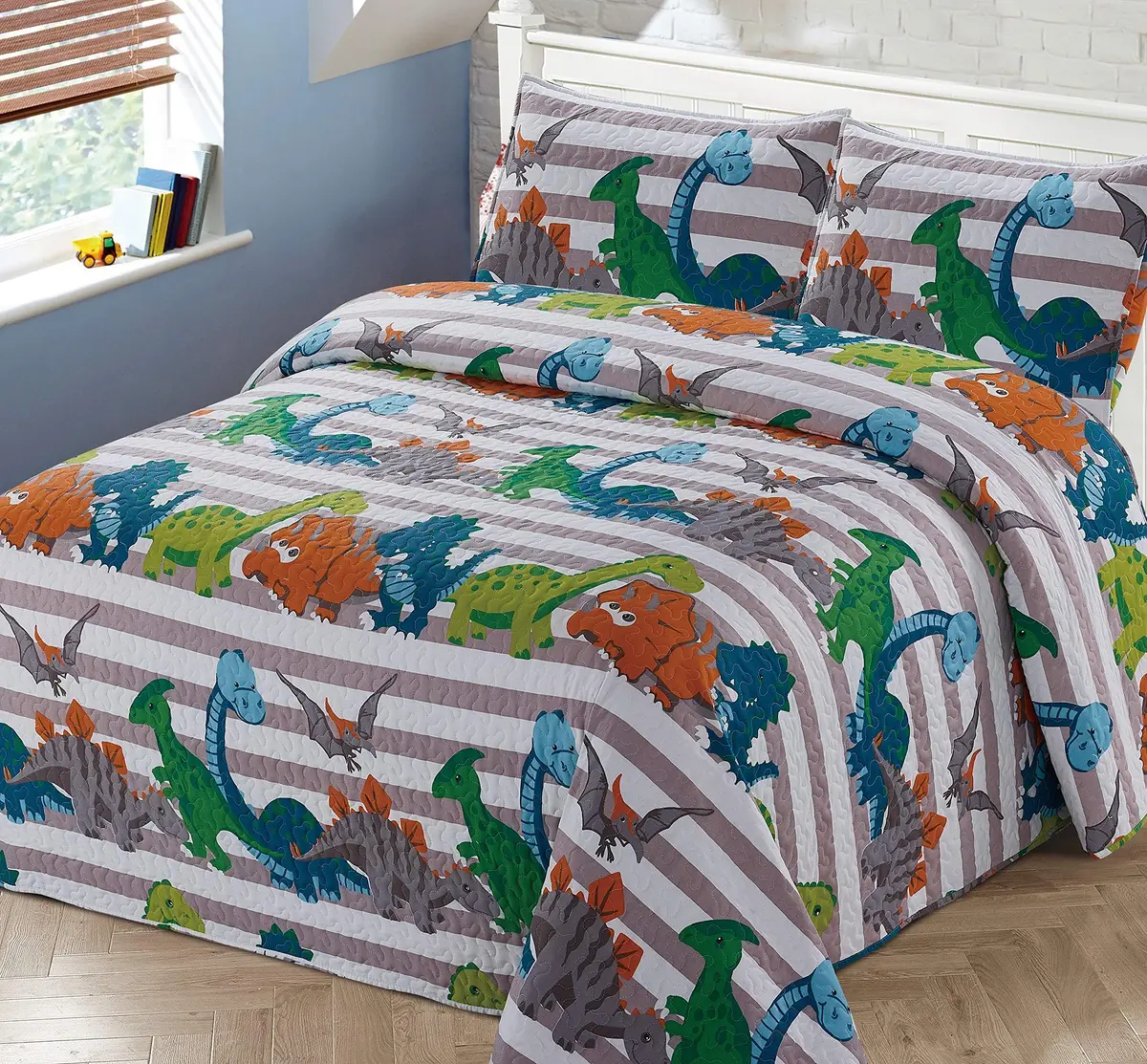 Kids Zone Home Linen Twin Bedspread Coverlet Quilt Set with Dinosaur Stripes | Microfiber, All-Season (70-120 chars) - main product image