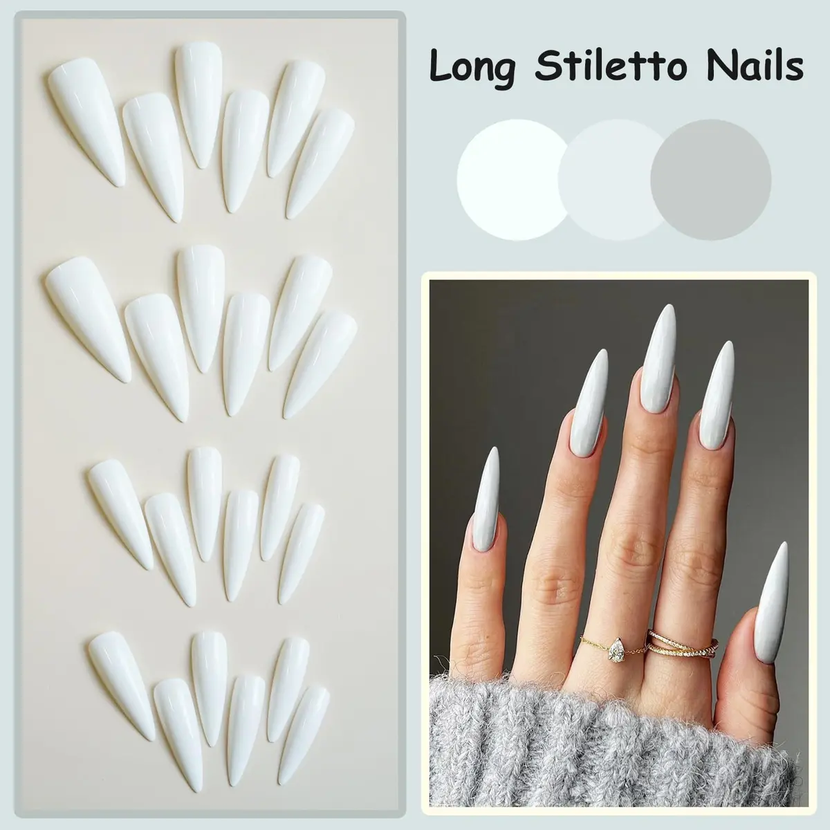 MISUD Press on Nails - Long Stiletto White Acrylic 24 pcs | Easy Glue-On Nails for Women & Teens - view 5