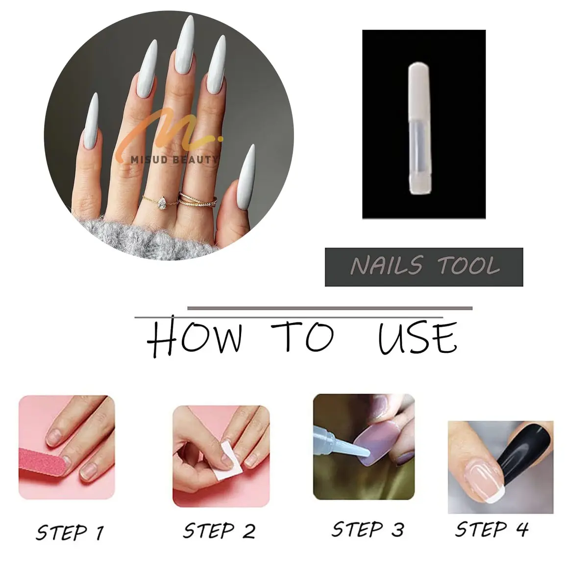 MISUD Press on Nails - Long Stiletto White Acrylic 24 pcs | Easy Glue-On Nails for Women & Teens - view 6