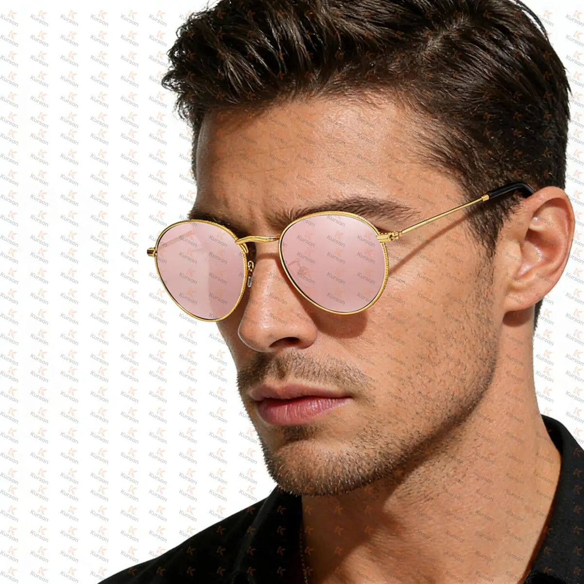 Kursan Small Round Metal Sunglasses for Men Women Mirrored Lens UV400 (Gold Frame/Pink Mirrored) | Classic Circle Sun Glasses - view 7