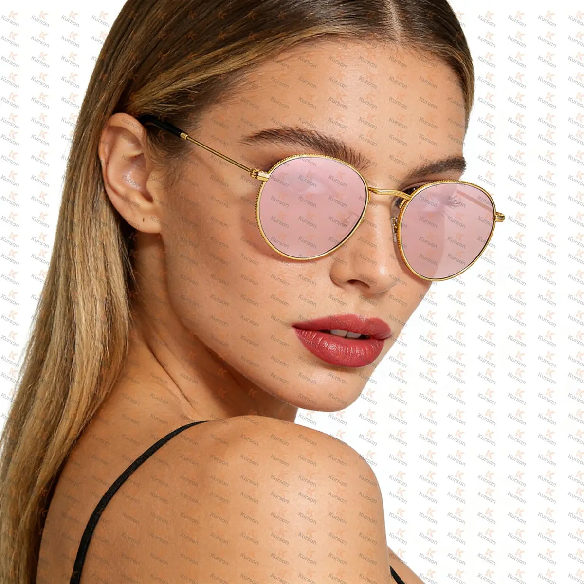 Kursan Small Round Metal Sunglasses for Men Women Mirrored Lens UV400 (Gold Frame/Pink Mirrored) | Classic Circle Sun Glasses - view 9
