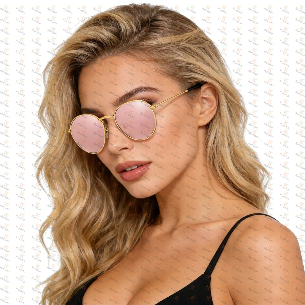 Kursan Small Round Metal Sunglasses for Men Women Mirrored Lens UV400 (Gold Frame/Pink Mirrored) | Classic Circle Sun Glasses - view 3