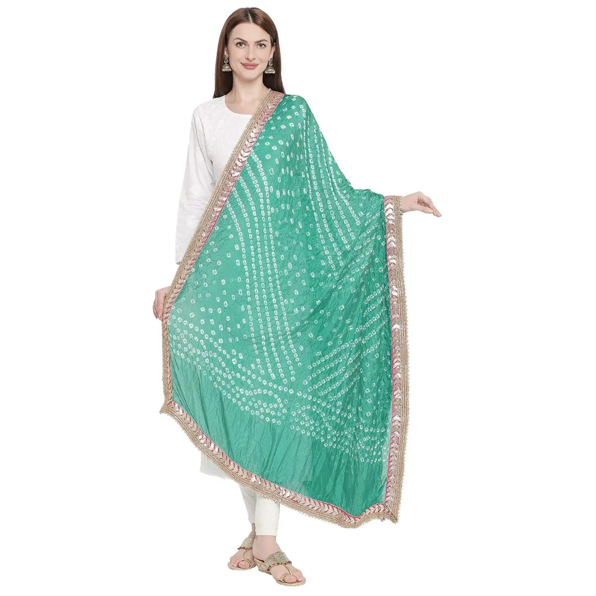DUPATTA BAZAAR Green Bandhini Silk Dupatta with Gotta Patti Border 240cm (86 inches) x 97cm (38 inches) - main product image
