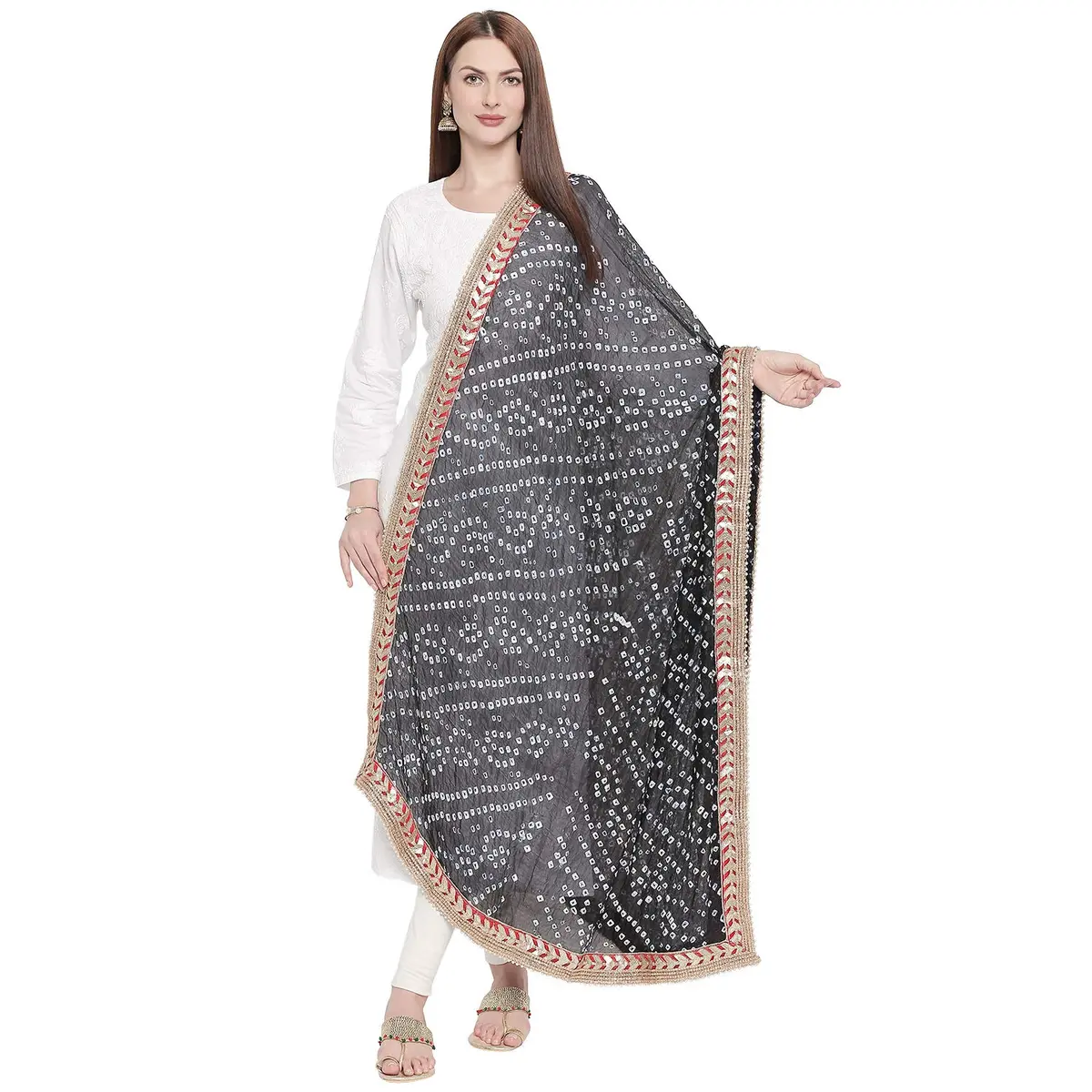DUPATTA BAZAAR Black Bandhini Silk Dupatta with Gotta Patti Border 240cm (86") x 90cm (38") | Handloom Weave - main product image