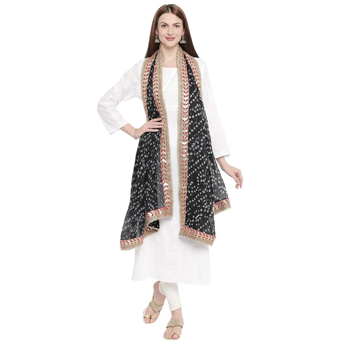 DUPATTA BAZAAR Black Bandhini Silk Dupatta with Gotta Patti Border 240cm (86") x 90cm (38") | Handloom Weave - view 2
